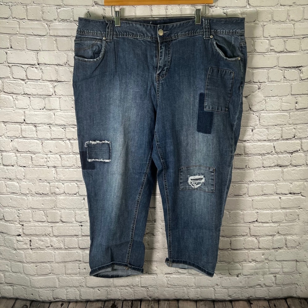Lane Bryant Women's Size 20 Blue Patchwork Distressed Capri Denim Jeans